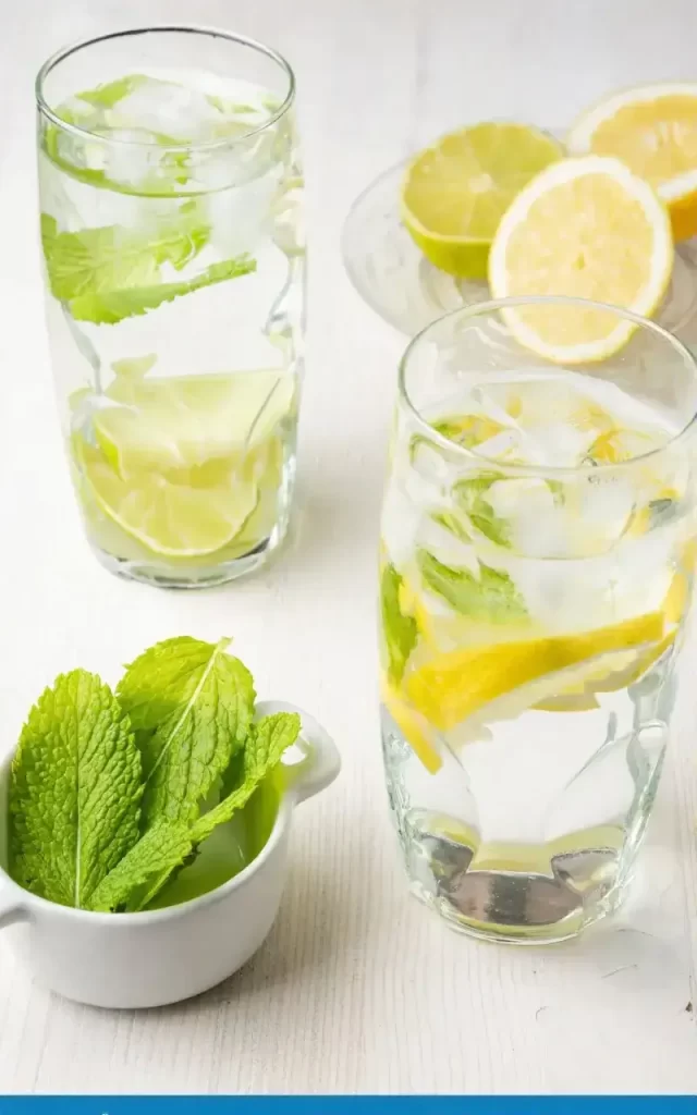 تصویری از یکی از ترفندهای میزآرایی که در آن دو لیوان بلند و شفاف پر از آب، تکههای یخ، لیمو و لیموترش ورقه شده و برگهای نعناع سبز تازه، کانون توجه هستند. لیوانها روی یک سطح چوبی سفید قرار گرفتهاند و یک کاسه سفید کوچک پر از برگهای نعناع تازه در گوشه پایین سمت چپ قرار دارد. در پسزمینه، کمی خارج از فوکوس، یک بشقاب کوچک شفاف، لیمو و لیموترش ورقه شده اضافی را در خود جای داده است. لیوانها تا حدی نمای اقلام پشت سر خود را پوشاندهاند. پرسپکتیو از بالا و رو به پایین و رو به صحنه است. نورپردازی روشن و طبیعی است، سایههای ملایمی ایجاد میکند و فضایی تازه و جذاب ایجاد میکند. رنگها پر جنب و جوش و با طراوت هستند و نعناع سبز و لیموترشهای زرد در تضاد با آب زلال قرار دارند. ترکیببندی تمیز و مینیمالیستی است و بر ترکیبات نوشیدنی تأکید میکند.